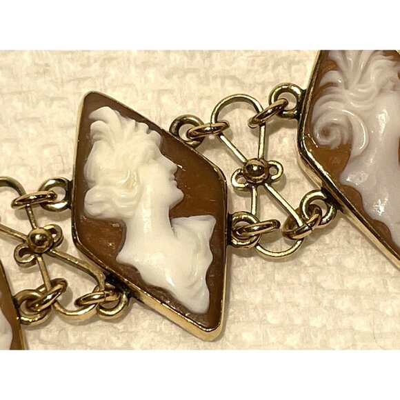 14K Gold Carved Shell Cameo Bracelet 6" With Geometric Diamond Design - Picture 9 of 16
